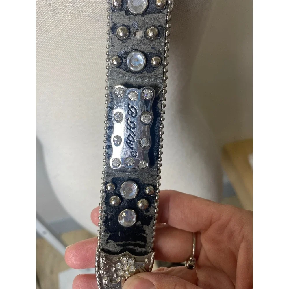 BHW Black Leather Western Belt Crystal Studded Silver Buckle Y2K Cowgirl